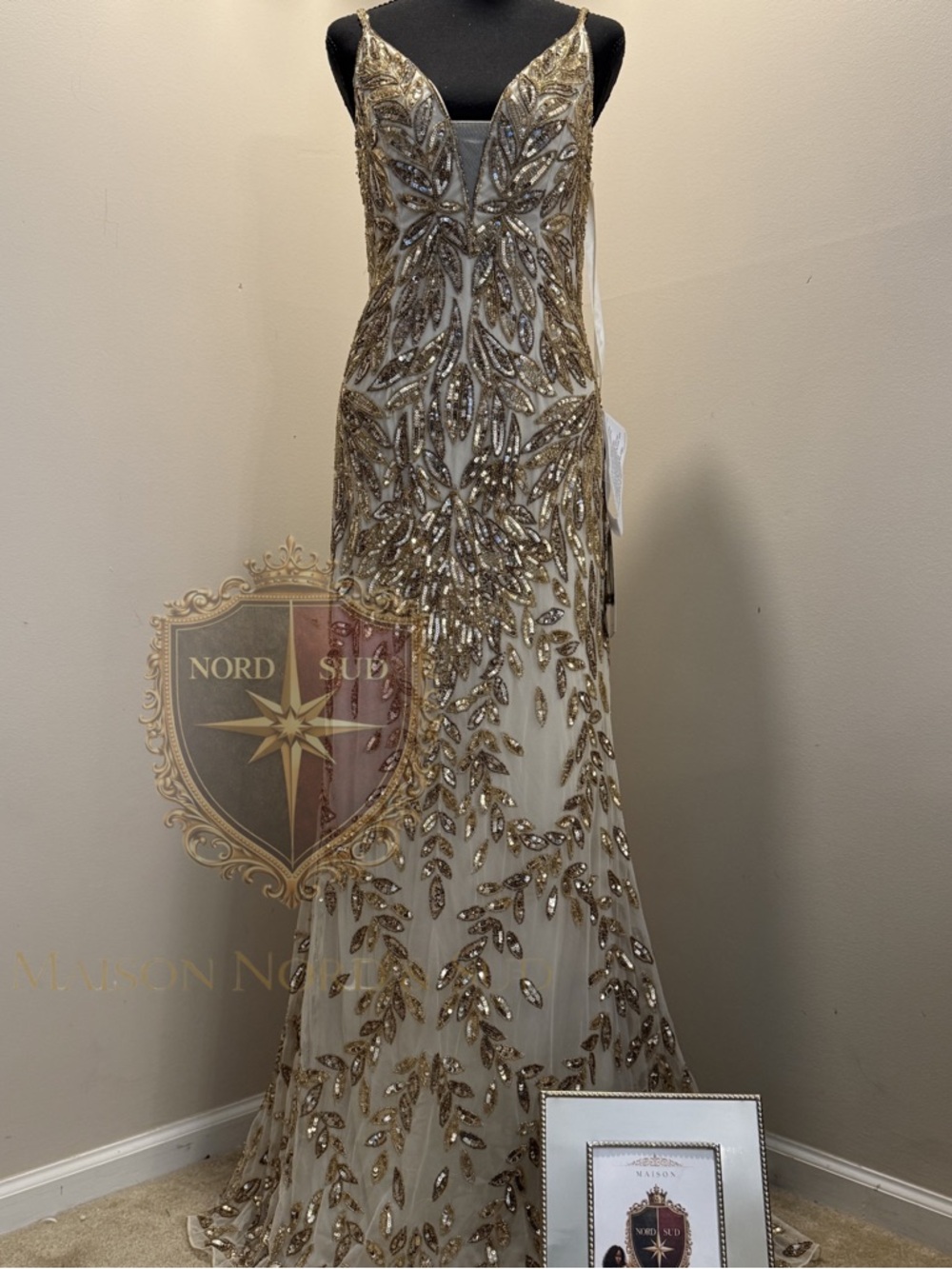 Mac Duggal Style 5107 Nude Gold Embellished Gown Size 12